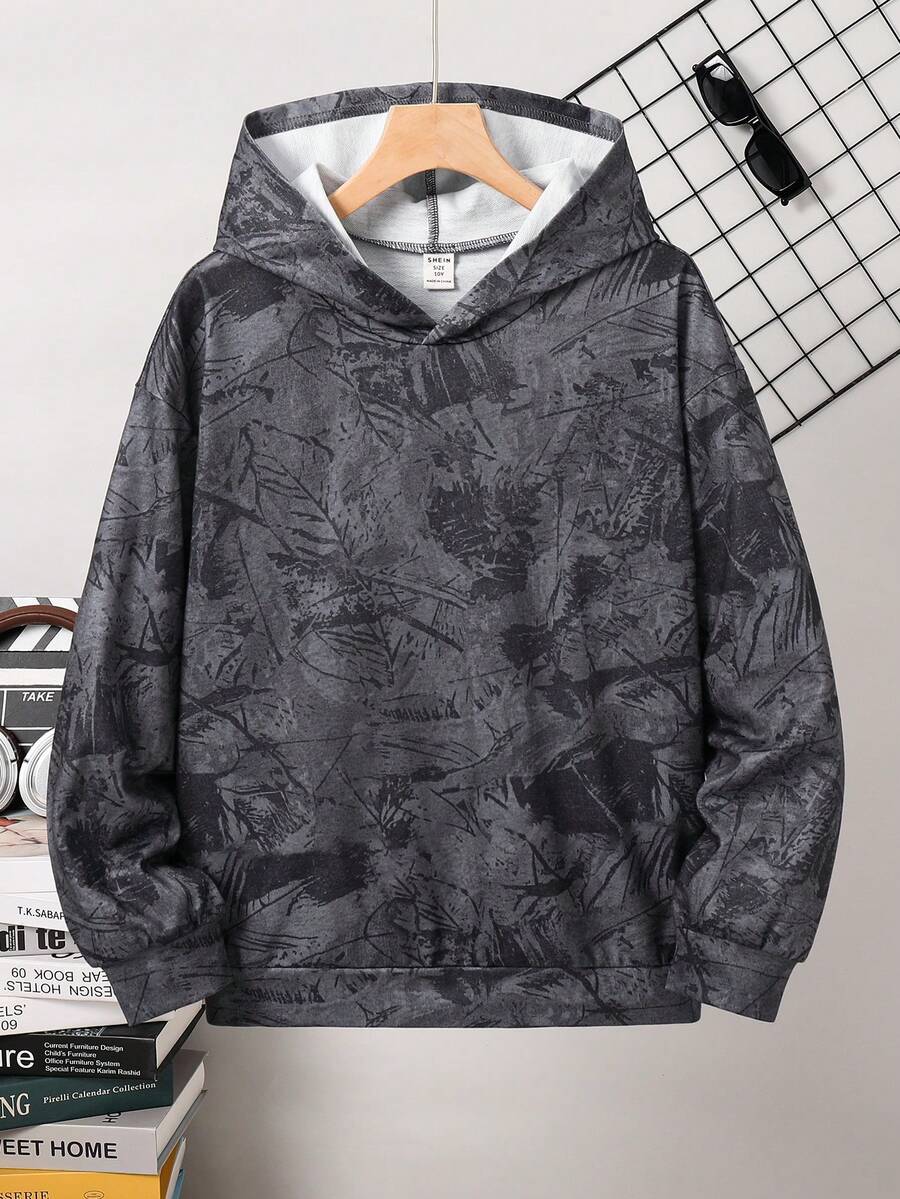 SHEIN 兒童青少年男孩休閒極簡 Y2K 嘻哈搖滾塗鴉運動風寬鬆舒適長袖衛衣,適合秋冬 - 彩色 - 查看 1