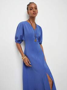 Maija Women's Solid Color V-Neck Batwing Short Sleeve Elegant French Matching Long Dress, Going Out Vacation Brunch Tea Party Outfits, Summer Cobalt Blue - Dusty Blue - View 6