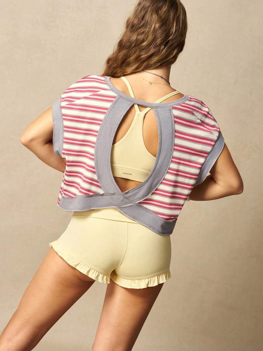 VARSIVA Color Block Striped Hollow Back Sports Tank Top - Grey - View 1