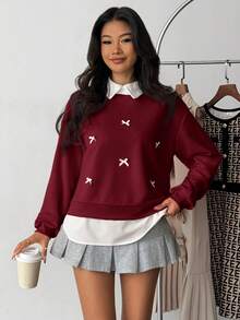 SHEIN 青少年女孩蝴蝶結裝飾休閒百搭日常穿著長袖秋季衛衣 - 酒紅色 - 查看 11
