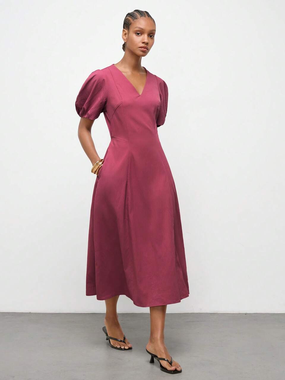 SHEIN Maija Dusty Rose Women's Mid-Length Dress With Cocoon Sleeves, Cinched Waist And A-Line Skirt, Summer Modern Elegant Urban Style Festival Wedding Office