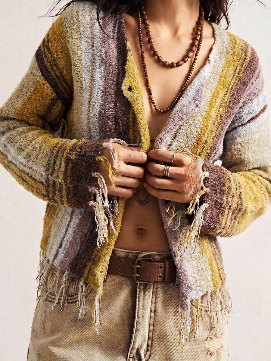 Bohemela 女款拼色休閒百搭日常穿搭開襟衫 - 彩色 - 查看 1
