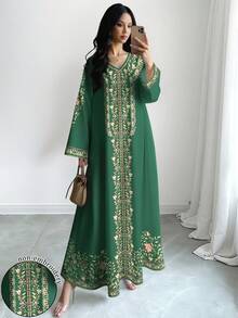 SHEIN Najma 女款花卉植物數位印花時尚V領長袖夏季優雅端莊阿拉伯風大尺碼家庭度假綠色洋裝 - 彩色 - 查看 1