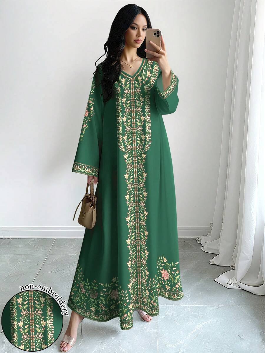 SHEIN Najma 女款花卉植物數位印花時尚V領長袖夏季優雅端莊阿拉伯風大尺碼家庭度假綠色洋裝 - 彩色 - 查看 1