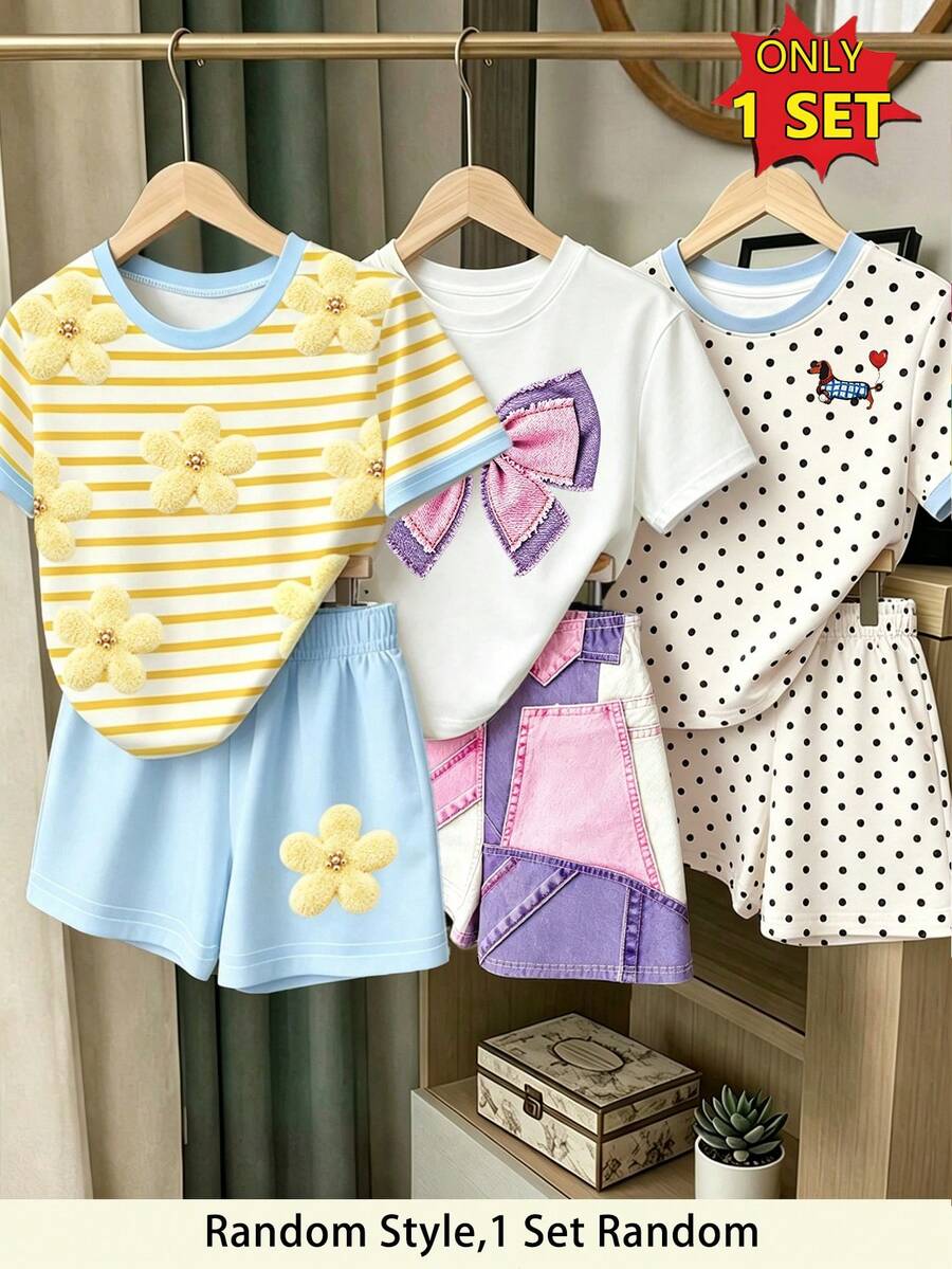 (隨機3款,發貨1套) 女孩清新簡約拼接蝴蝶結、條紋、花朵、波點、愛心、氣球、小狗圖案基礎短袖T恤短褲套裝 - 彩色 - 查看 1
