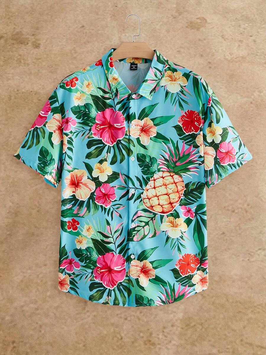 HIMLAND Men's Plus Size Floral Print Single-Breasted Short Sleeve Vacation Shirt - Multicolor - View 1