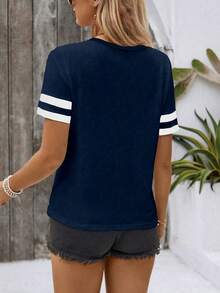 EMERY ROSE Plus Size Navy Blue Contrast Trim Zip Half Placket Notched Neck Striped Cuff Short Sleeve Casual T-Shirt Women Summer Basic Tee Tops Vacation - Multicolor - View 2