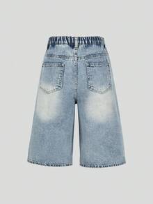 SHEIN Explorewe 女款牛仔短褲，秋季新品，休閒街頭風學院復古做舊藍灰色，彈性腰頭鈕扣門襟設計，寬鬆大腿褲管 - 中等水洗藍 - 查看 3