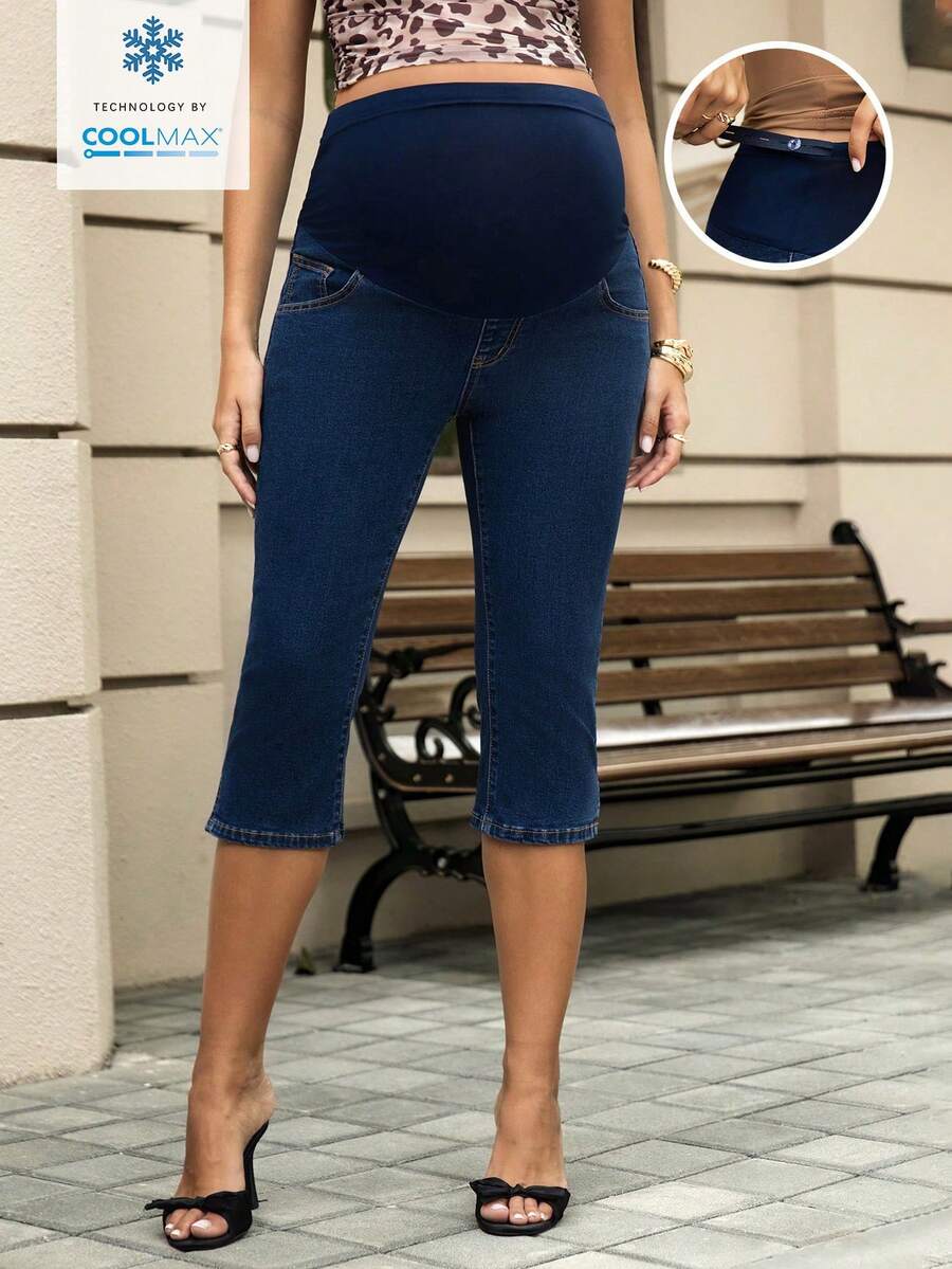 SHEIN 孕妇深色水洗休闲七分牛仔裤 - 深色水洗藍 - 查看 1