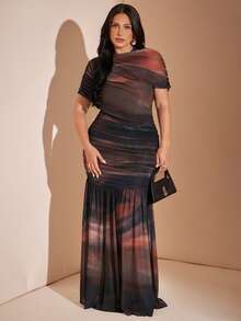 SHEIN BAE CURVE 大尺碼女款紮染百褶優雅夏季洋裝 - 彩色 - 查看 6