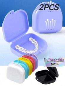 2pcs New Dental Retainer Storage Box, Breathable Orthodontic Retainer Case, Mini Portable Denture Box, Breathable Orthodontic Appliance Storage Box, Denture Box, Minimalist Solid Color Denture Storage Box, Plastic Denture Storage Box - Multicolor - View 2