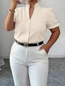Elenzga Blusa elegante de talla grande para ir al trabajo de unicolor con cuello - Albaricoque - Ver 5