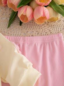 SHEIN Playful Pals 女嬰秋季兩件套，3D花卉刺繡套頭衛衣 + 粉色針織內搭褲，柔軟可愛套裝 - 粉色 - 查看 6
