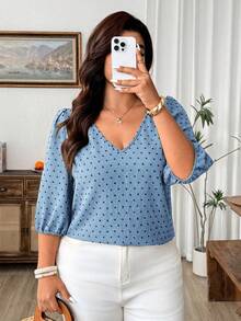 Weeklong Women's Plus Size V-Neck Mid-Length Sleeve Pom Pom Comfortable Fabric Casual Daily Travel Vacation Blouse - Baby Blue - View 4
