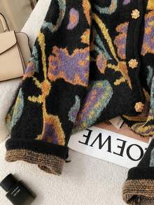 EMERY ROSE 2025 Plus Size Women's Fashionable Casual Minimalist Versatile Multi-Colour Fair Isle Pattern Gemstone Floral Button Small Round Neck Knitted Cardigan - Black - View 5