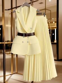 GlowEve Women's Pale Yellow Sleeveless Top&Pleated Skirt Set,Summer Elegant Office Work Outfit,Collar Pattern Decor Button Fake Pocket Design,Formal Party - Light Yellow - View 1