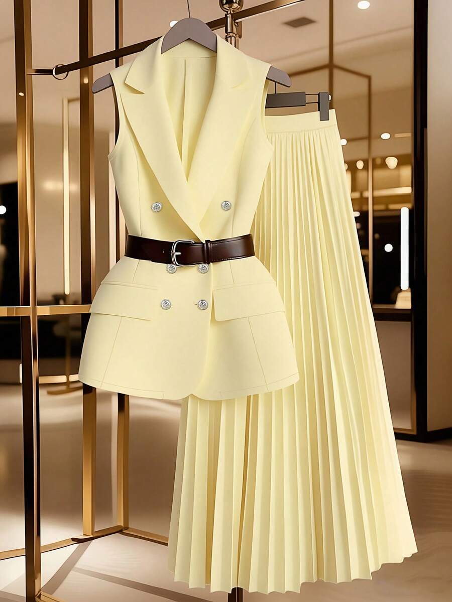 GlowEve Women's Pale Yellow Sleeveless Top&Pleated Skirt Set,Summer Elegant Office Work Outfit,Collar Pattern Decor Button Fake Pocket Design,Formal Party - Light Yellow - View 1