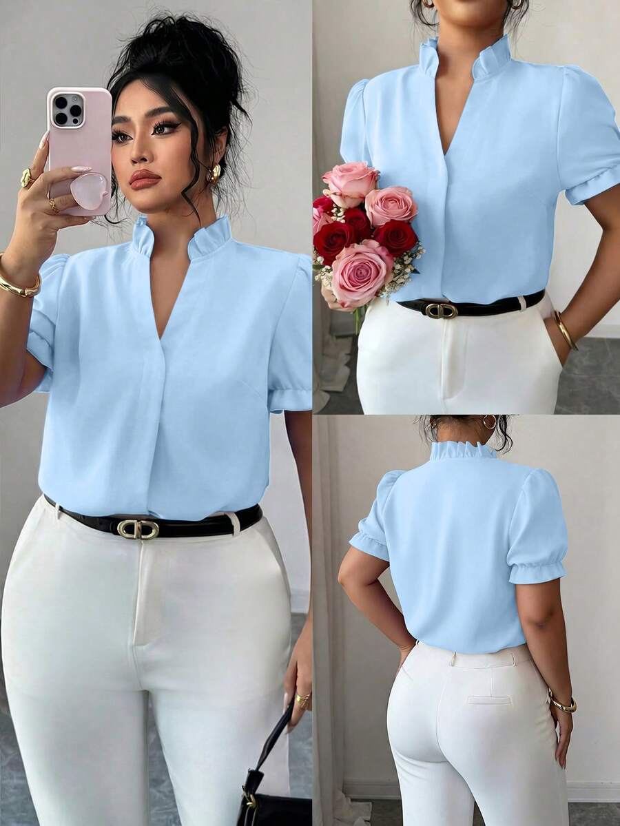 Elenzga Plus Size Elegant Solid Color Turndown Collar Blouse For Commuting - Blue - View 1