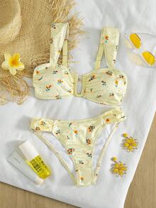 Swim Vcay Set Baju Renang Bikini Wanita Musim Panas Warna Krem Manis Segar Motif Bunga Leher U Tali Lebar Pinggang Tinggi Ramping Berkerut untuk Liburan Pemandian Air Panas Pantai - MultiWarna - View 3