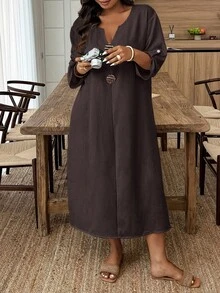 Weeklong Plus Size Women Solid Color Notch V-Neck Casual Party Dress - Coffee Brown - View 5