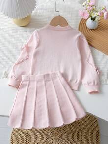 SHEIN Playful Pals 2件組可愛長袖3D蝴蝶結裝飾毛衣與百褶裙套裝，適合年輕女孩，秋冬款 - 粉色 - 查看 2