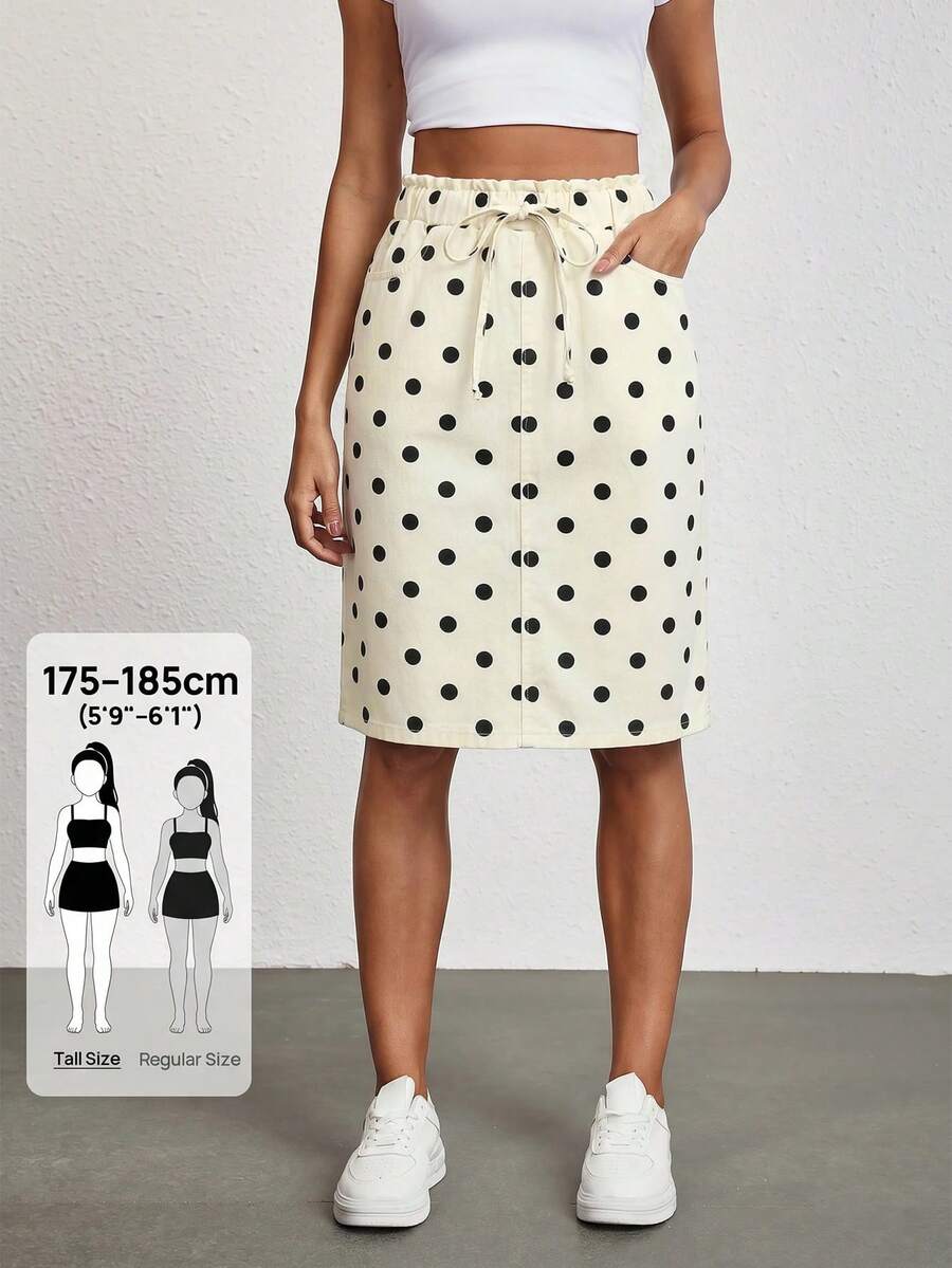 SHEIN Tall 女款波點抽繩腰休閒百搭日常牛仔裙 - 米色 - 查看 1