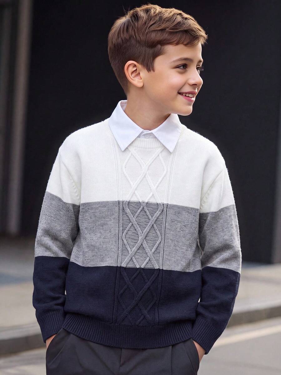 SHEIN Tween Boy Fashion Color Block Textured Long Sleeve Sweater, Preppy Style - White - View 1