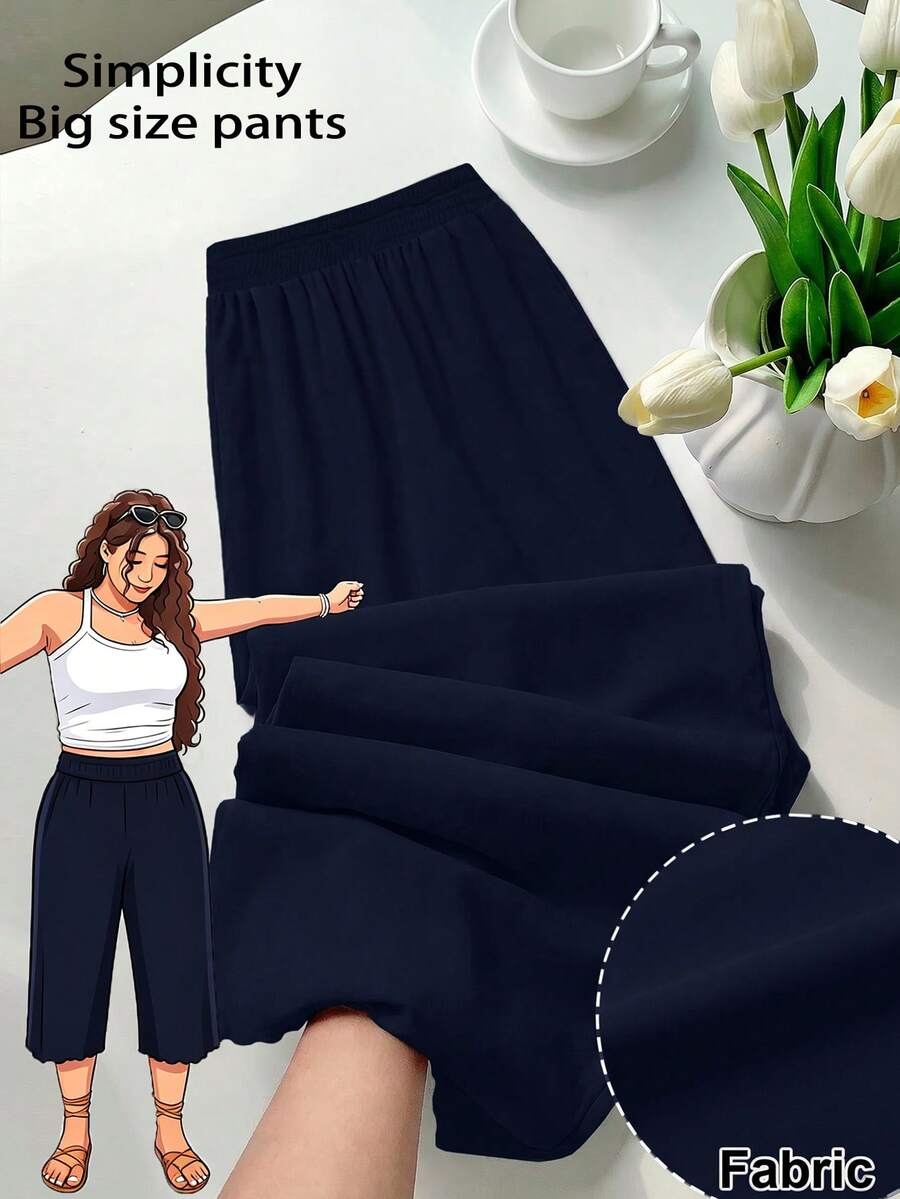 SHEIN PETITE CURVE 大码女式休闲抽绳腰针织七分裤 - 藏蓝色 - 查看 1