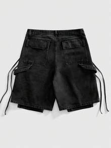 ROMWE MEN Men's Loose Fit Gothic Denim Shorts - Black - View 2