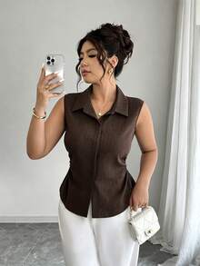 SHEIN LUNE CURVE Women's Plus Size Summer 1pc Lapel Sleeveless Cinched Waist Asymmetrical Hem Slimming Commute Elegant Denim Effect Sleeveless Shirt - Brown - View 6