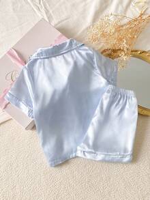 SHEIN Young Girl' Blue Bow Print Lapel Short Sleeve Shorts Set, Flame Retardant Loungewear - Blue - View 2