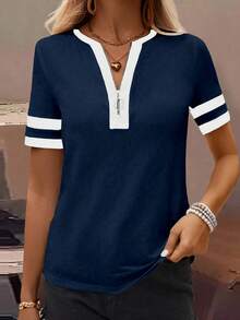 EMERY ROSE Plus Size Navy Blue Contrast Trim Zip Half Placket Notched Neck Striped Cuff Short Sleeve Casual T-Shirt Women Summer Basic Tee Tops Vacation - Multicolor - View 3