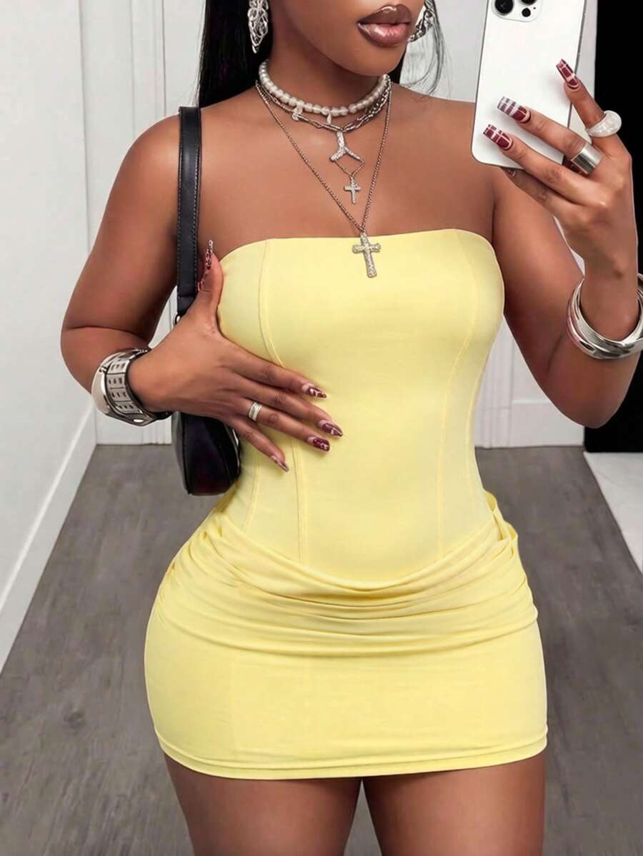 BamGleam Women Summer Solid Pale Yellow Strapless Corset Bodycon Mini Dress Ruched Wrap Hem Sexy Night Out Club Party Beach Photo Outfit