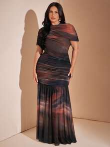 SHEIN BAE CURVE 大尺碼女款紮染百褶優雅夏季洋裝 - 彩色 - 查看 5