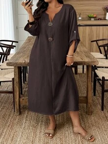 Weeklong Plus Size Women Solid Color Notch V-Neck Casual Party Dress - Coffee Brown - View 4