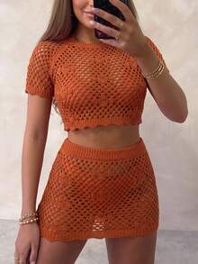 Nevyona Conjunto de 2 piezas de punto de unicolor elegante para mujer - Naranja Quemada - Ver 1
