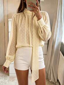 Avenya Vintage Elegant Polka Dot Ruched Long Sleeve Chiffon Blouse Teachers' Day Office Brunch White Polka Dot Autumn - Multicolor - View 3