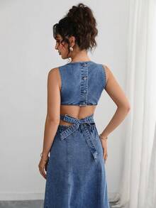 Elenzga Women's Hollow Out Lace-Up Sleeveless Long Denim Dress - Blue - View 4