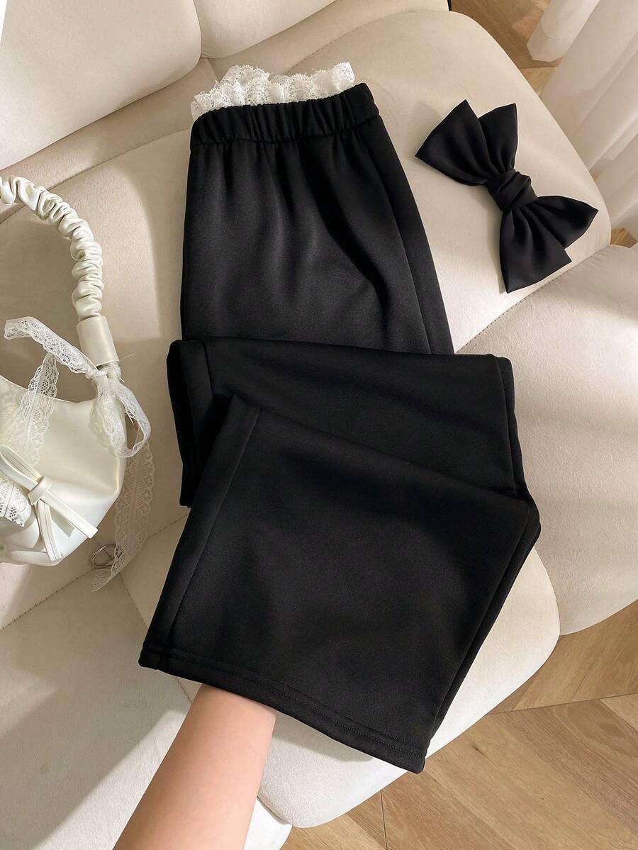 SHEIN Genkimix Kids Mädchen Lässige Weite Jogginghose mit weißem Kontrastbund und eleganter Spitzenverzierung, geeignet für Freizeitaktivitäten, Sport, Streetstyle, Y2K - Schwarz - Übersicht 1