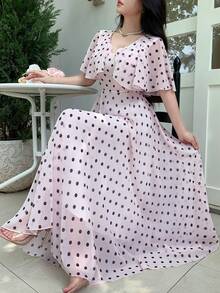 Modelyn 女款V領大翻領收腰A字波點印花洋裝 - 粉色 - 查看 2