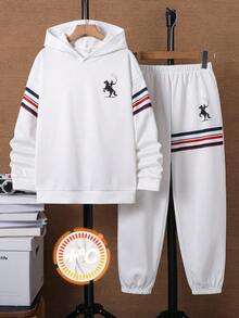 SHEIN 兒童青少年男孩2件套休閒印花寬鬆長袖連帽衛衣，適合秋冬返校穿著 - 白色 - 查看 6