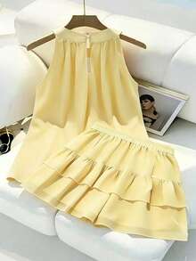 Franclia Women's Sleeveless Tie-Front Top And Ruffled Layered Hem Skirt Set, Pink, Casual Resort Wear For Summer - Pale Yellow - View 2