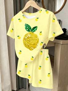 1 Set, Fresh Lemon Milk Girls' Outfit, Light Yellow All-Over Print Small Lemon Round Neck Short Sleeve Top With Large Sequin Lemon Decoration On Chest, Matching All-Over Print Elastic Waist Shorts, Suitable For Outings And Daily Wear, Spring/Summer - Multicolor - View 3