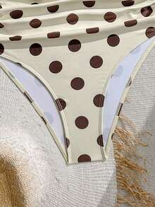 Elavelle Retro Polka Dot Ruffle One-Piece Swimsuit, Cream & Coffee Color, Tummy Control, Conservative Bathing - Multicolor - View 6