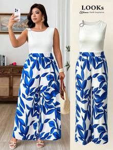 Weeklong Plus Size Summer White Sleeveless T-Shirt Patchwork Tropical Print Vacation Date Casual Elegant Jumpsuit - Blue and White - View 1