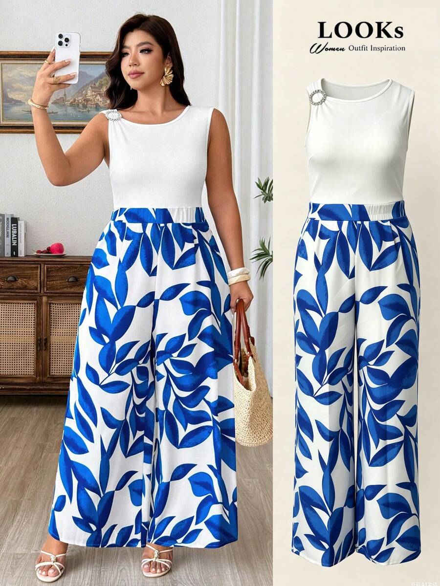 Weeklong Plus Size Summer White Sleeveless T-Shirt Patchwork Tropical Print Vacation Date Casual Elegant Jumpsuit - Blue and White - View 1
