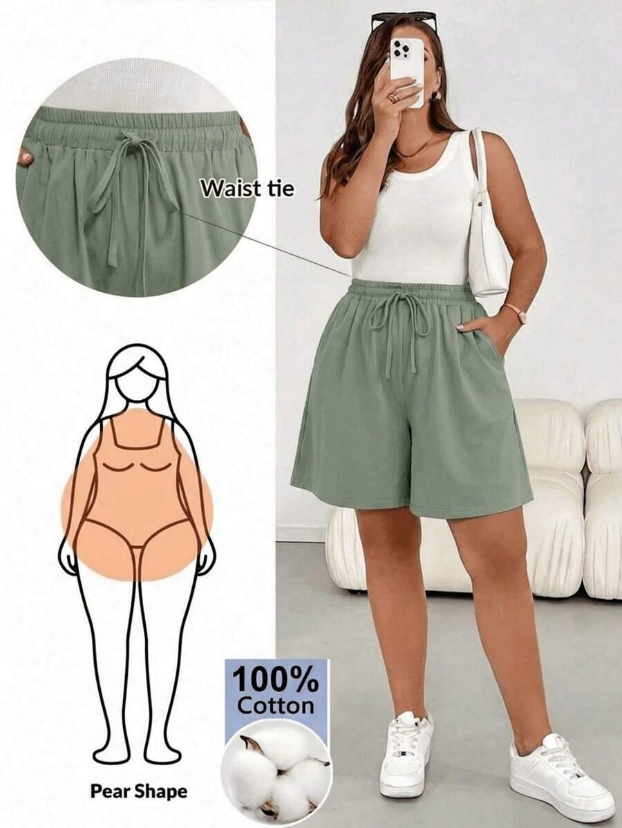Shapeblank Shorts de talla grande de unicolor con cintura con cordón y bolsillos para uso diario - Verde - Ver 1