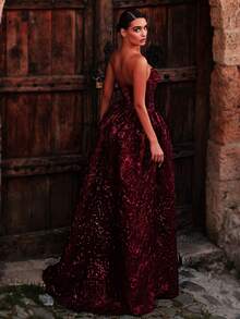 Glamrae Elegant Romantic Fashion Burgundy 3D Jacquard Fabric Strapless Cowl Neck Long Maxi A-Line Skirt Dress With Detachable Back Bow Decoration, Suitable For Graduation, School Opening, Music Festival, Birthday Party, Wedding, Afternoon Tea Party, Prom, Bachelorette Party, All Formal Occasions, Women's Evening Gown - Burgundy - View 4