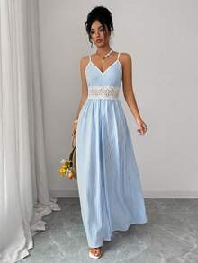 Elenzga Blue And White Stripe Pattern Spaghetti Strap V-Neck Waist Lace Decoration Dress Vacation Summer Tropical - Blue - View 6