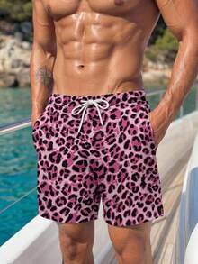 Manfinity Swimmode 男款抽繩腰豹紋休閒度假沙灘短褲 - 紅色 - 查看 4